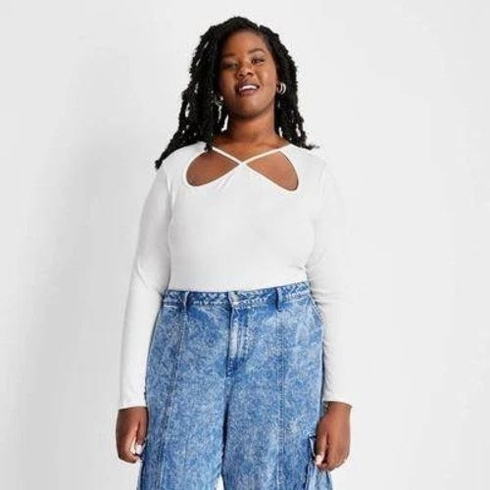 2 PACK! Future Collective White Ribbed Long Sleeve Cutout Bodysuit 3X New NWT